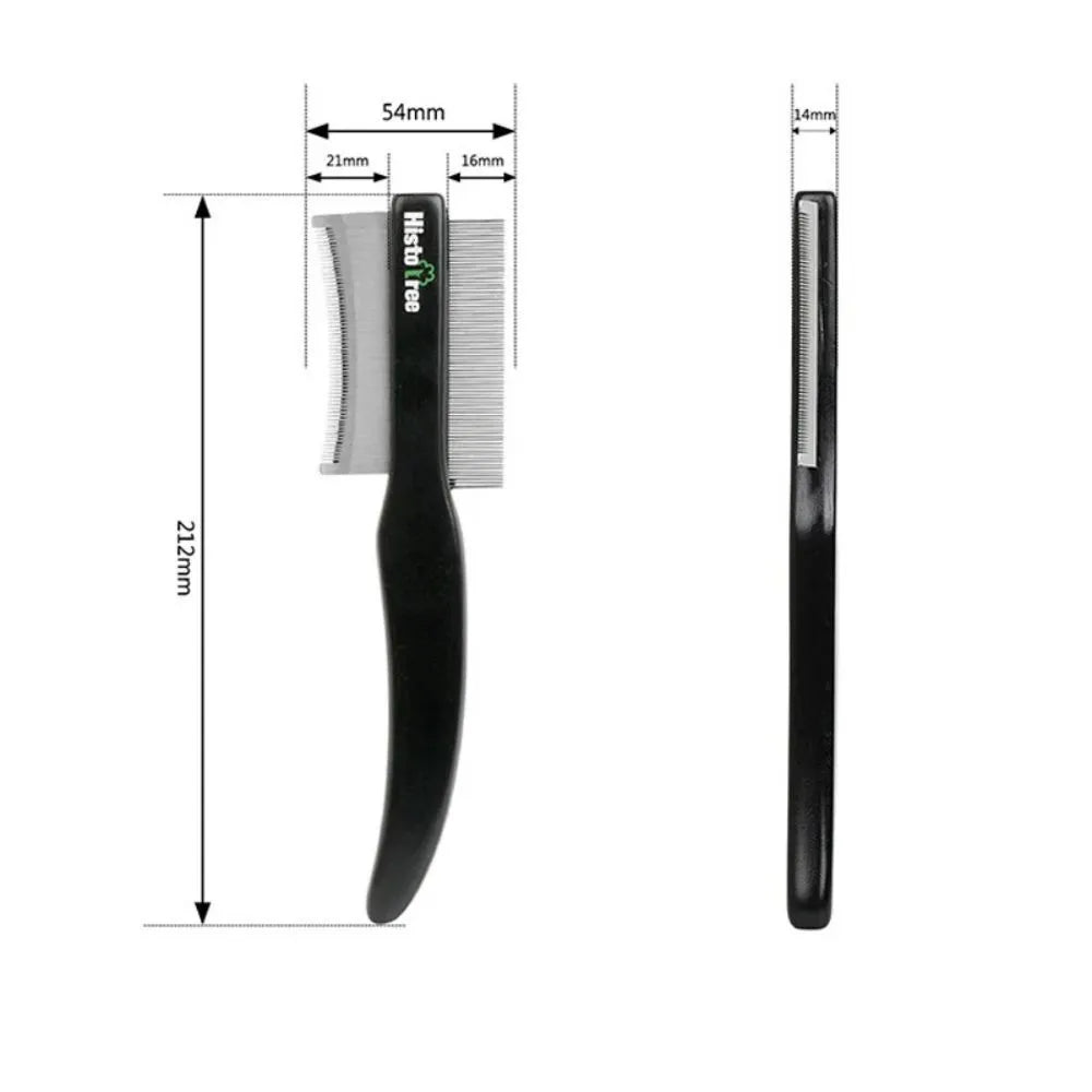 Black double-sided pet hair comb with stainless steel teeth and wood handle on white background
