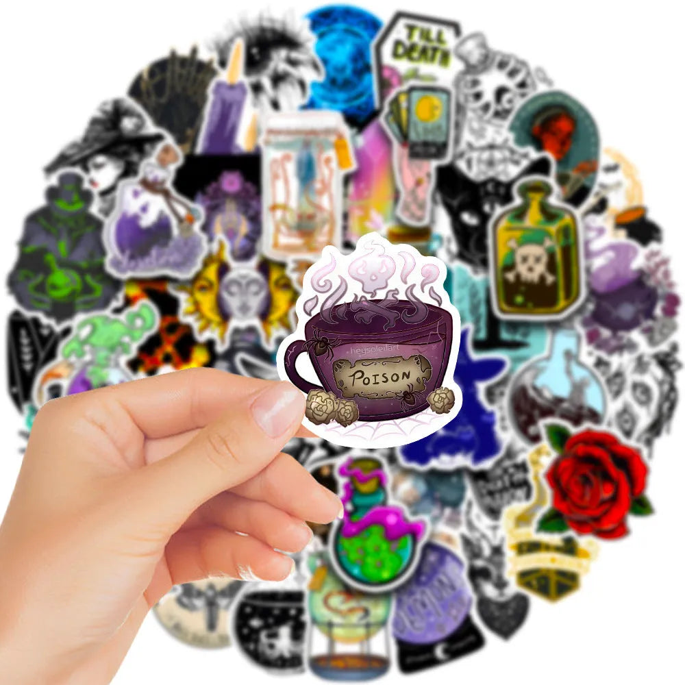 Waterproof PVC laptop stickers pack with glossy finish showing various designs and 3-8cm sizes