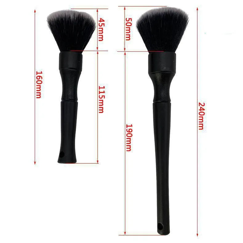Black car detailing brush with pig hair bristles shown in two size options for interior cleaning