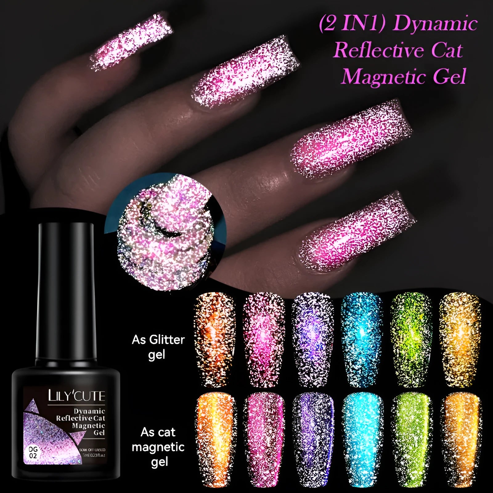 Diamond In The Debris Cat Eye Series Nail Polish Gel bottle in one of six glittering shades with nail glue.