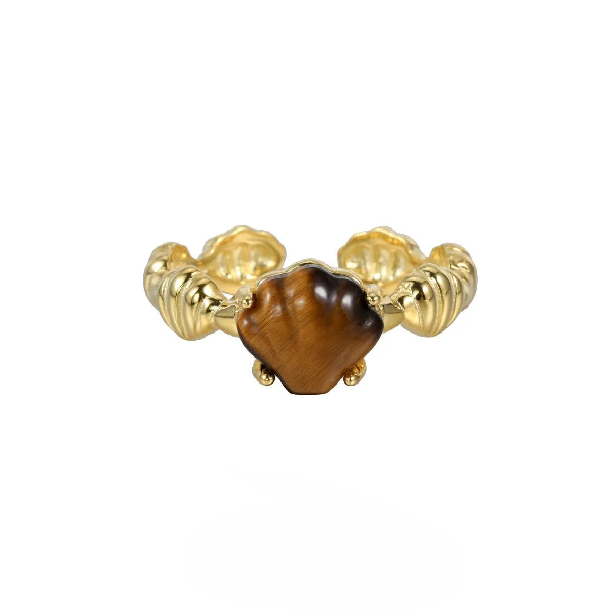Women's adjustable silver ring with shell tiger eye stone design in white gold or 18K gold finish