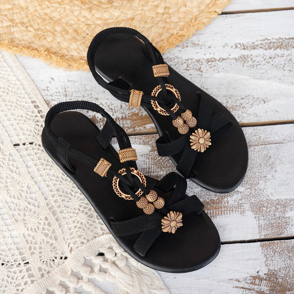 Black ethnic style women's woven flat sandals with bead decorations and elastic bands