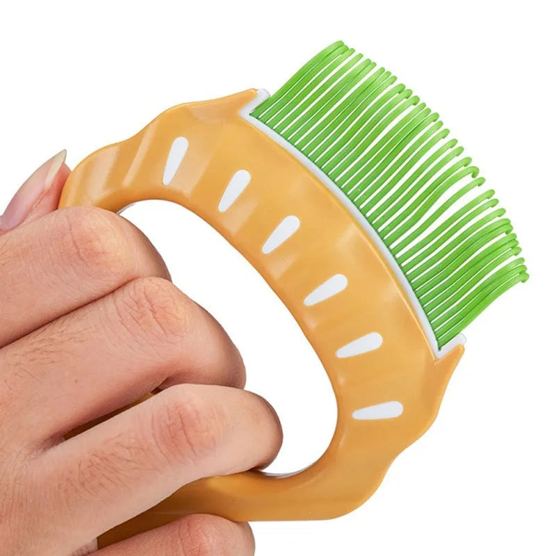 Shell-shaped pet grooming brush with bent wire bristles in green colour with anti-slip plastic handle
