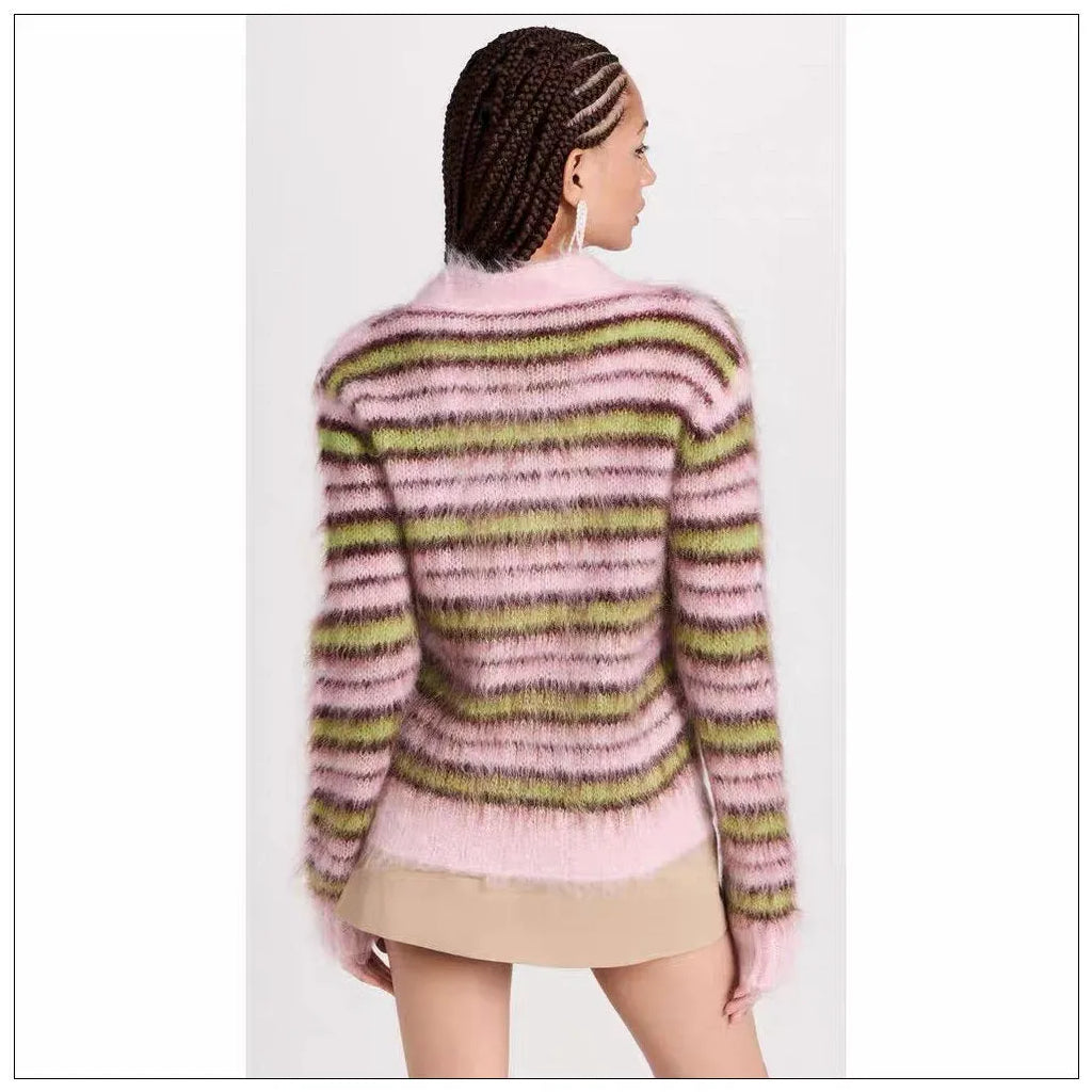 Pink wool knitted cardigan sweater with napped texture, shown as both an open cardigan and a round-neck pullover.