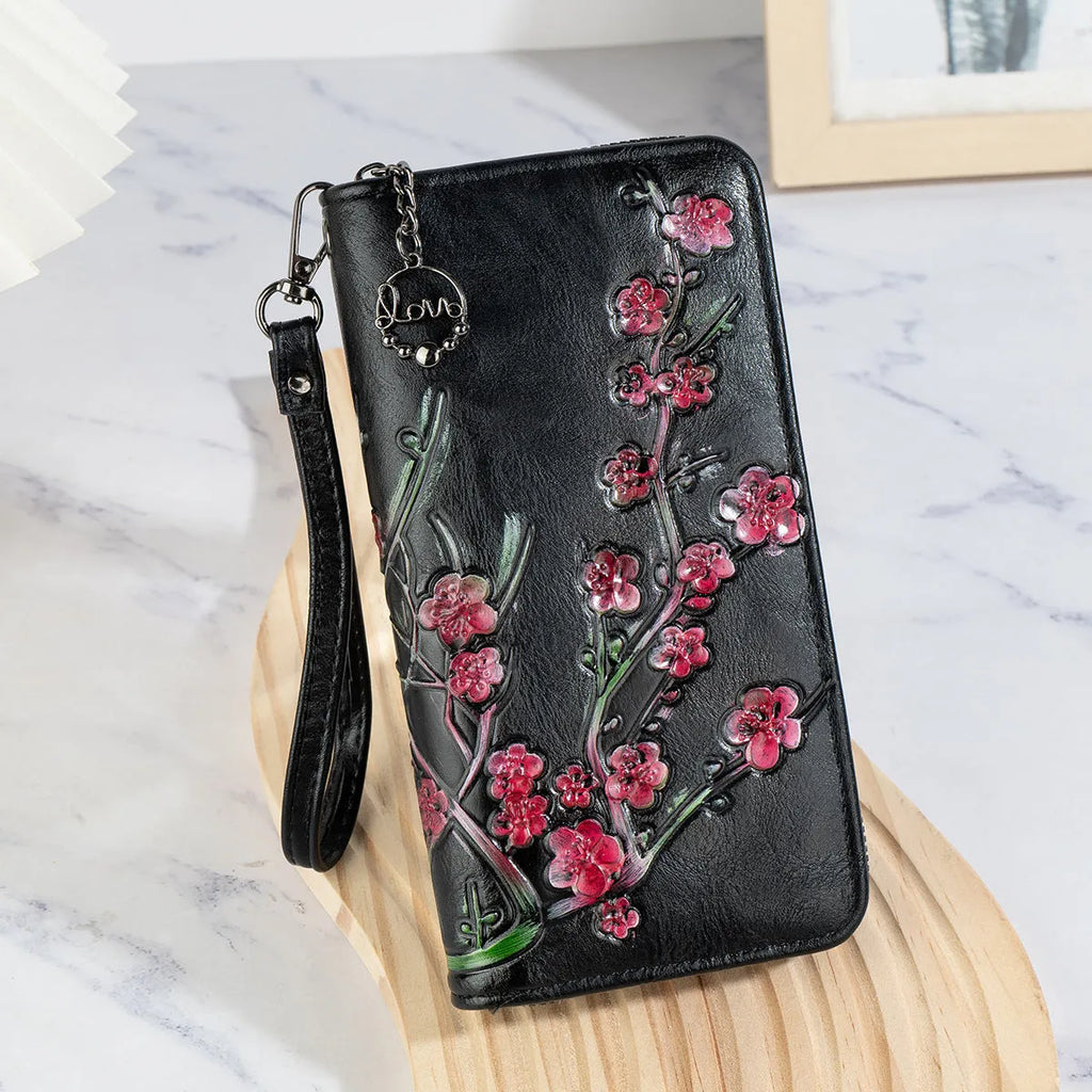 Chinese style floral embossed PU leather zipper handbag in black, brown, and coffee colours.