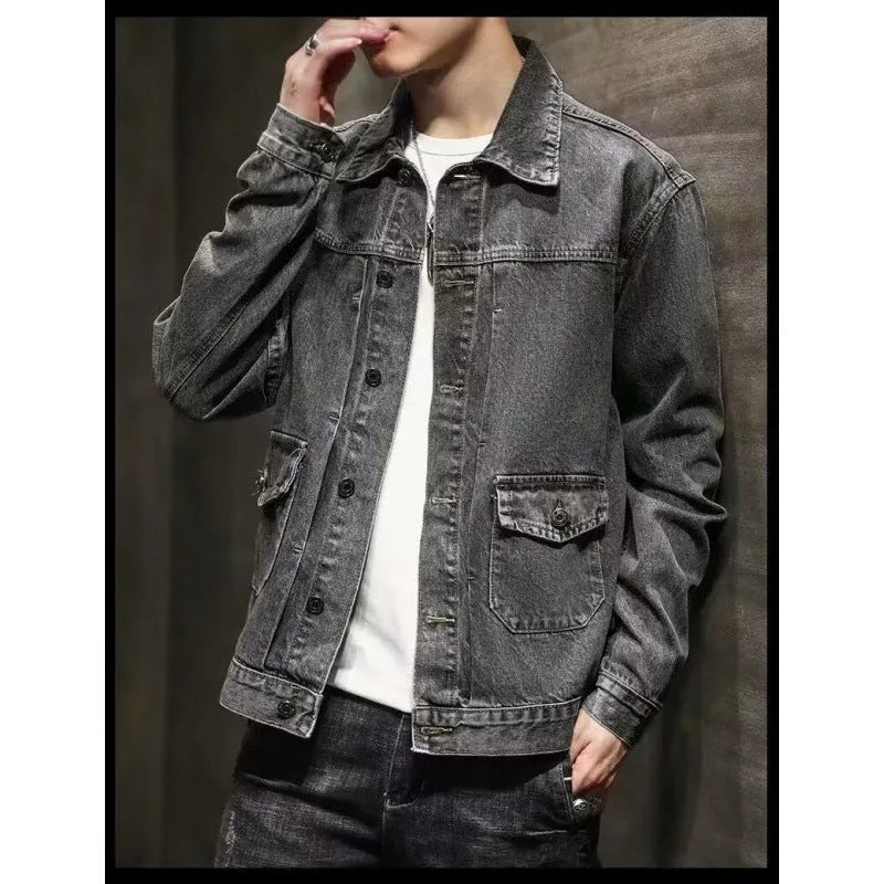 Women's smoky gray denim short jacket with straight hem and side pockets, Korean style, available in black and grey sizes M to 3XL