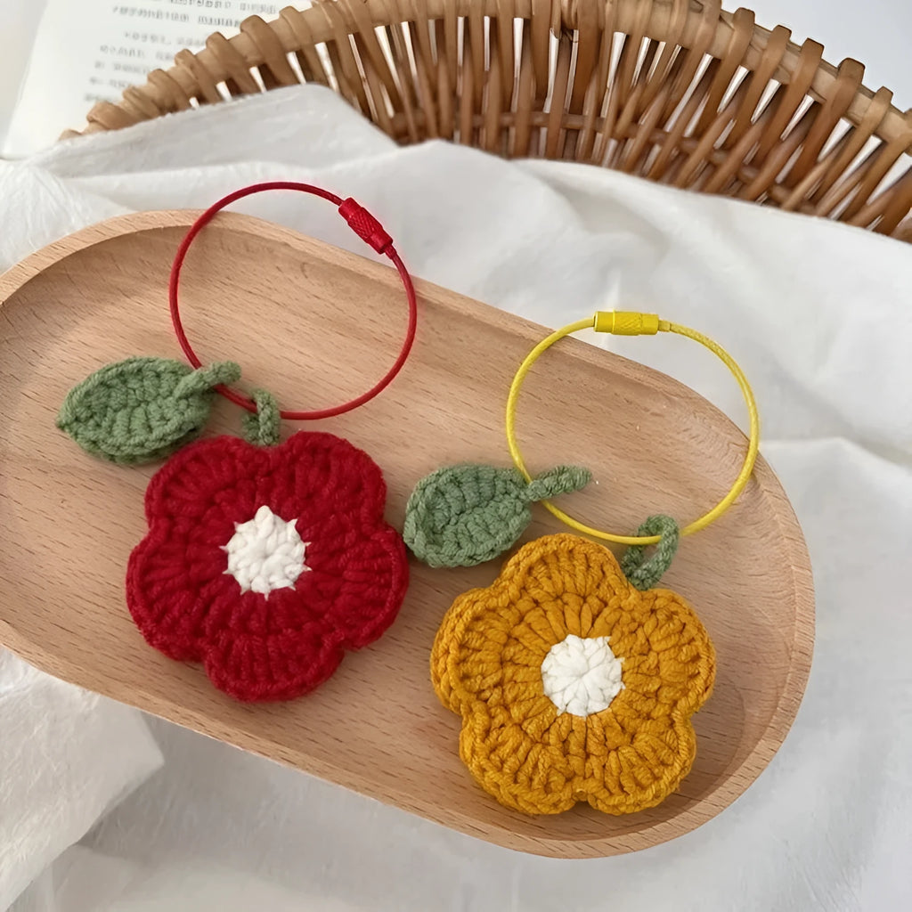 Hand crochet finished knitting pendant small red flower plush wool decoration