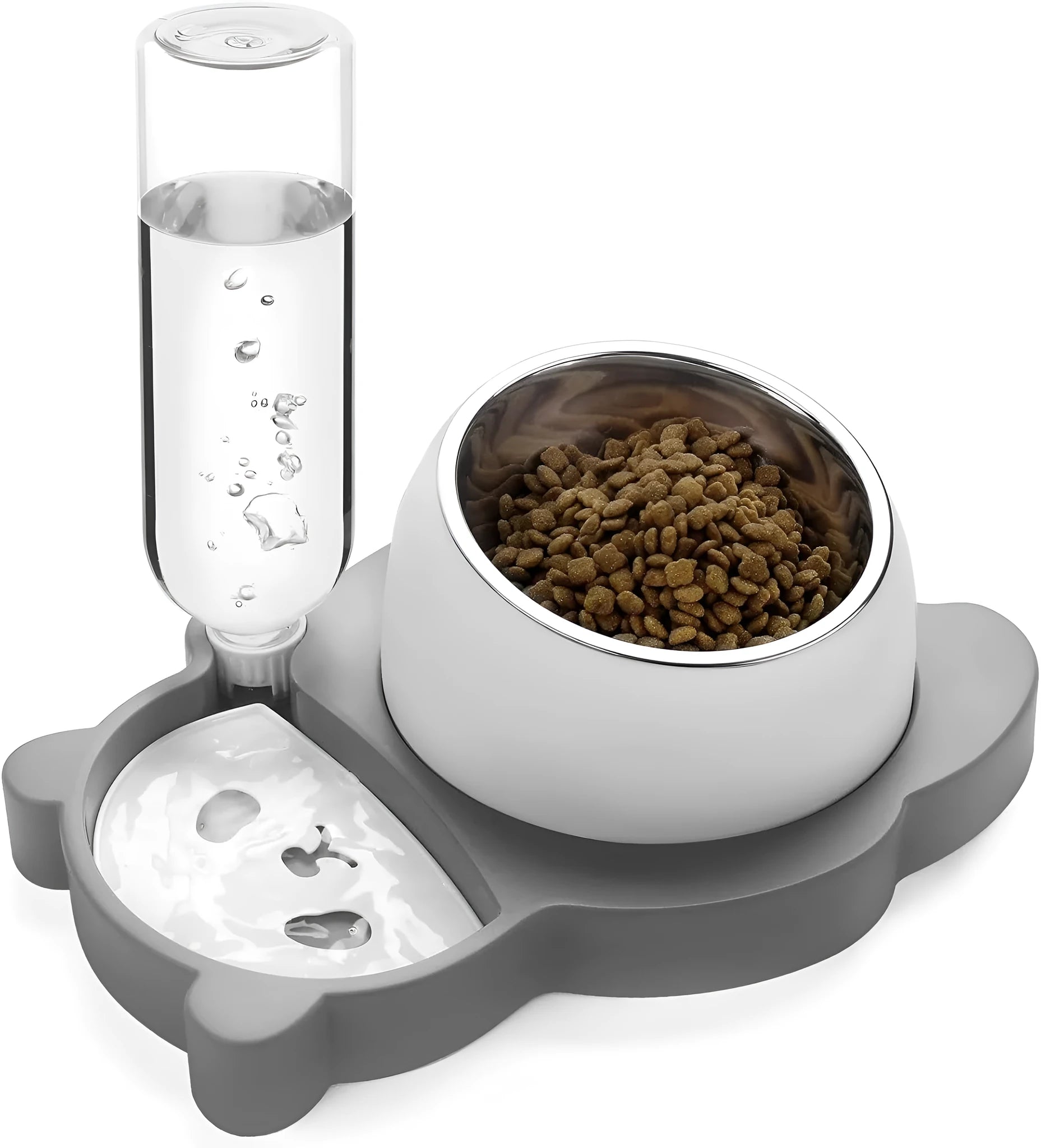 Grey panda-shaped elevated pet bowl set with automatic water dispenser and tilted stainless steel food bowl