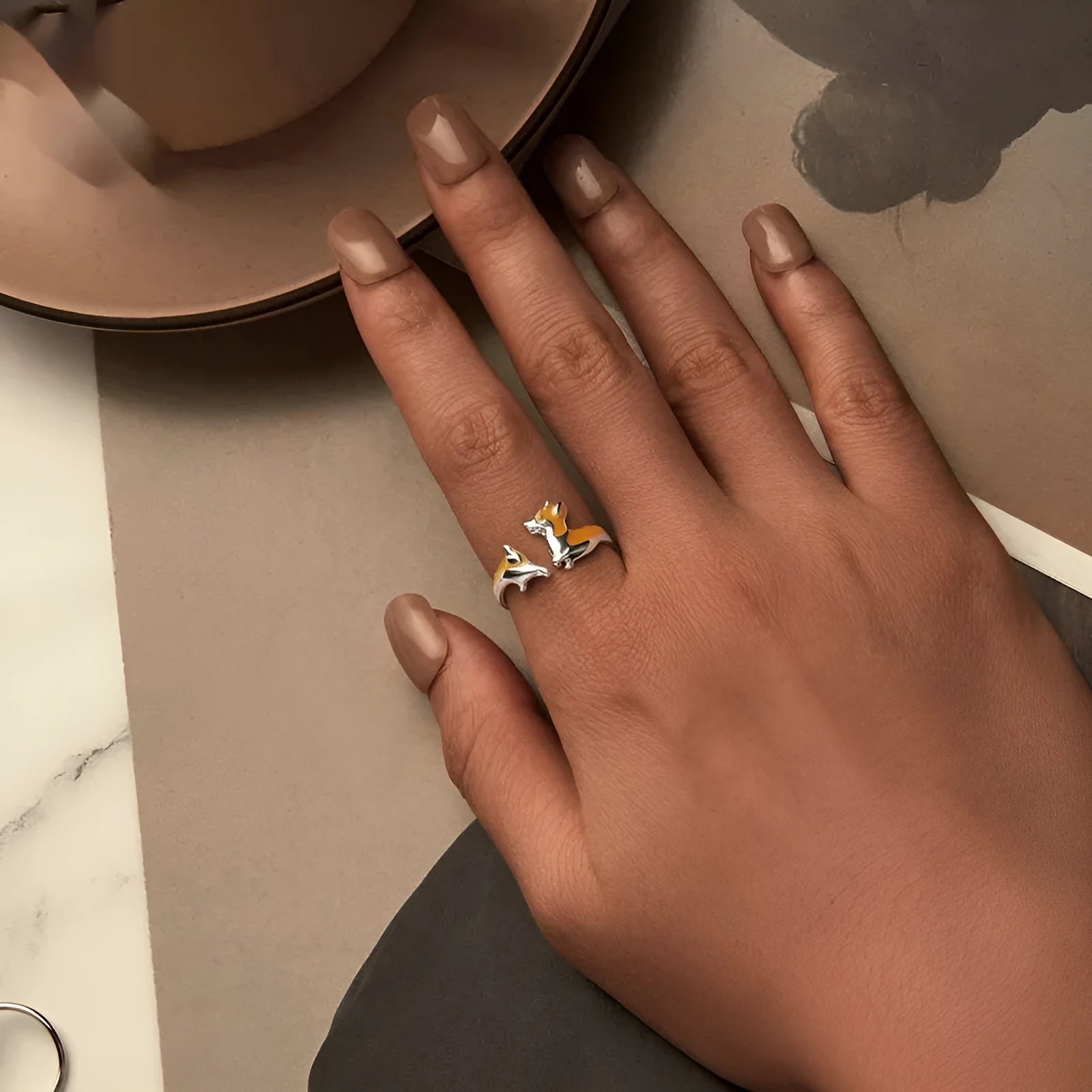 Silver ring with a cute cartoon corgi design, electroplated finish, colour SCR1014-E.