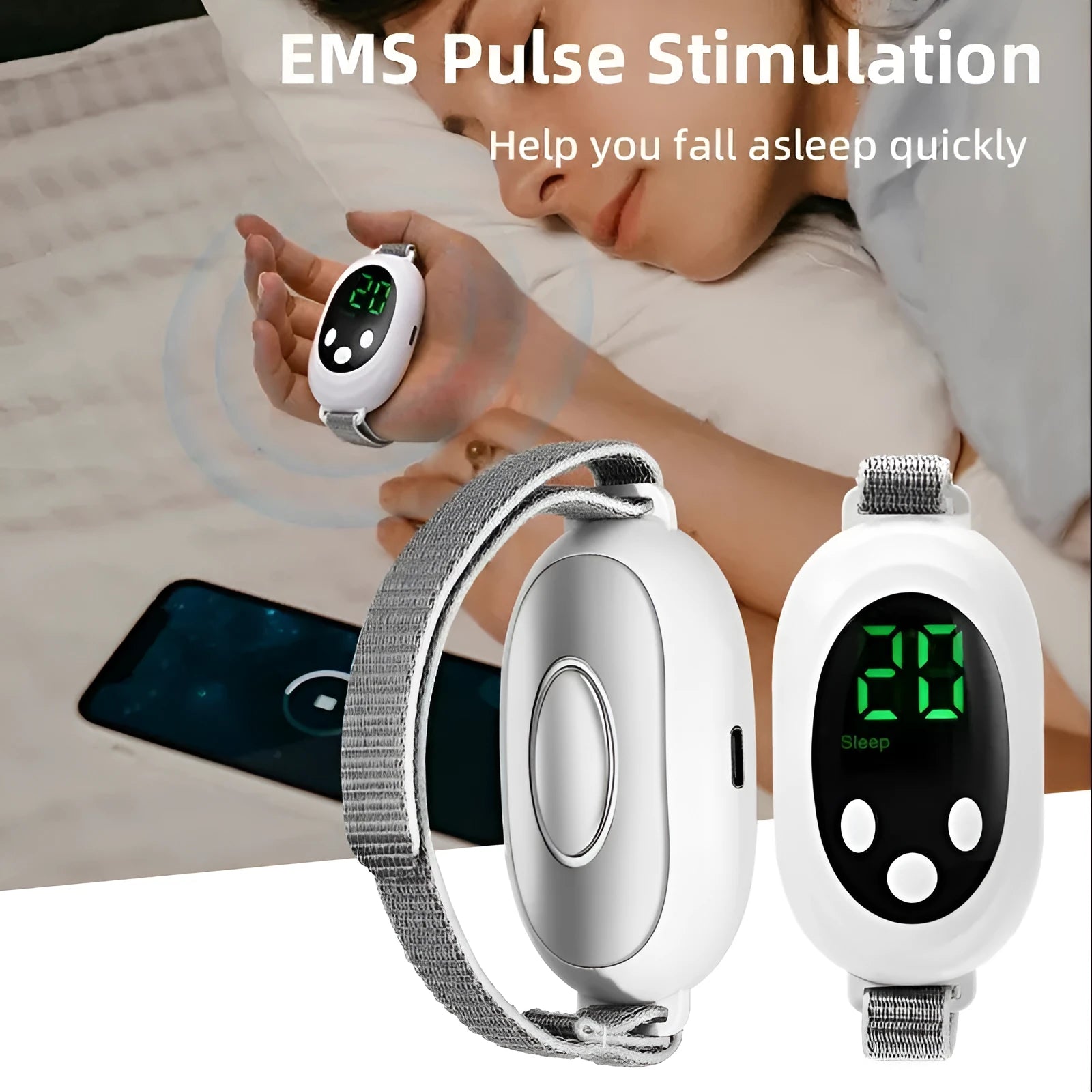 White sleep aid device with handheld remote control showing intensity adjustment buttons and USB charging port