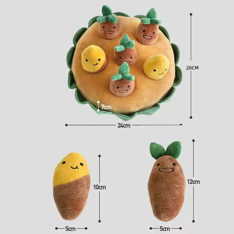 Yellow dog puzzle mat with removable squeaky plush toys for slow feeding and foraging games
