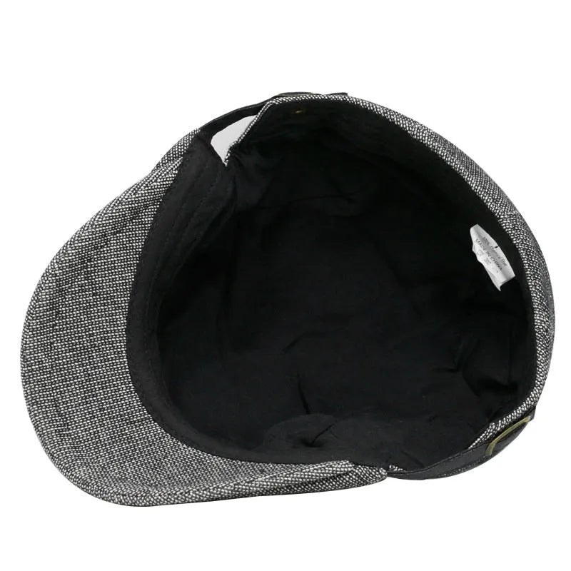 Men's pure colour cotton and linen beret in dome crown style, adjustable 55-58cm, available in black, brown, dark gray, light gray