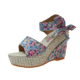 Women's peep toe sandals with cloth upper, ankle-strap buckle, and rubber sole in pink floral colour