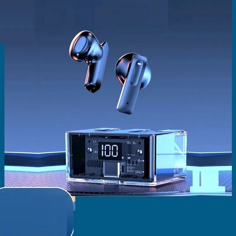 Space Capsule transparent case Bluetooth headset with digital display screen in multiple colour options