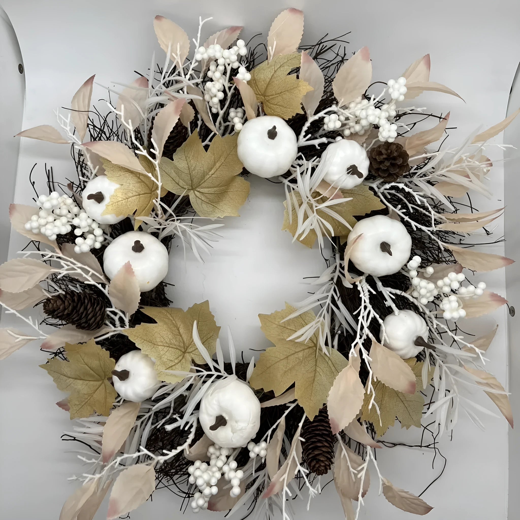 50cm artificial autumn Halloween wreath with pumpkins on white background