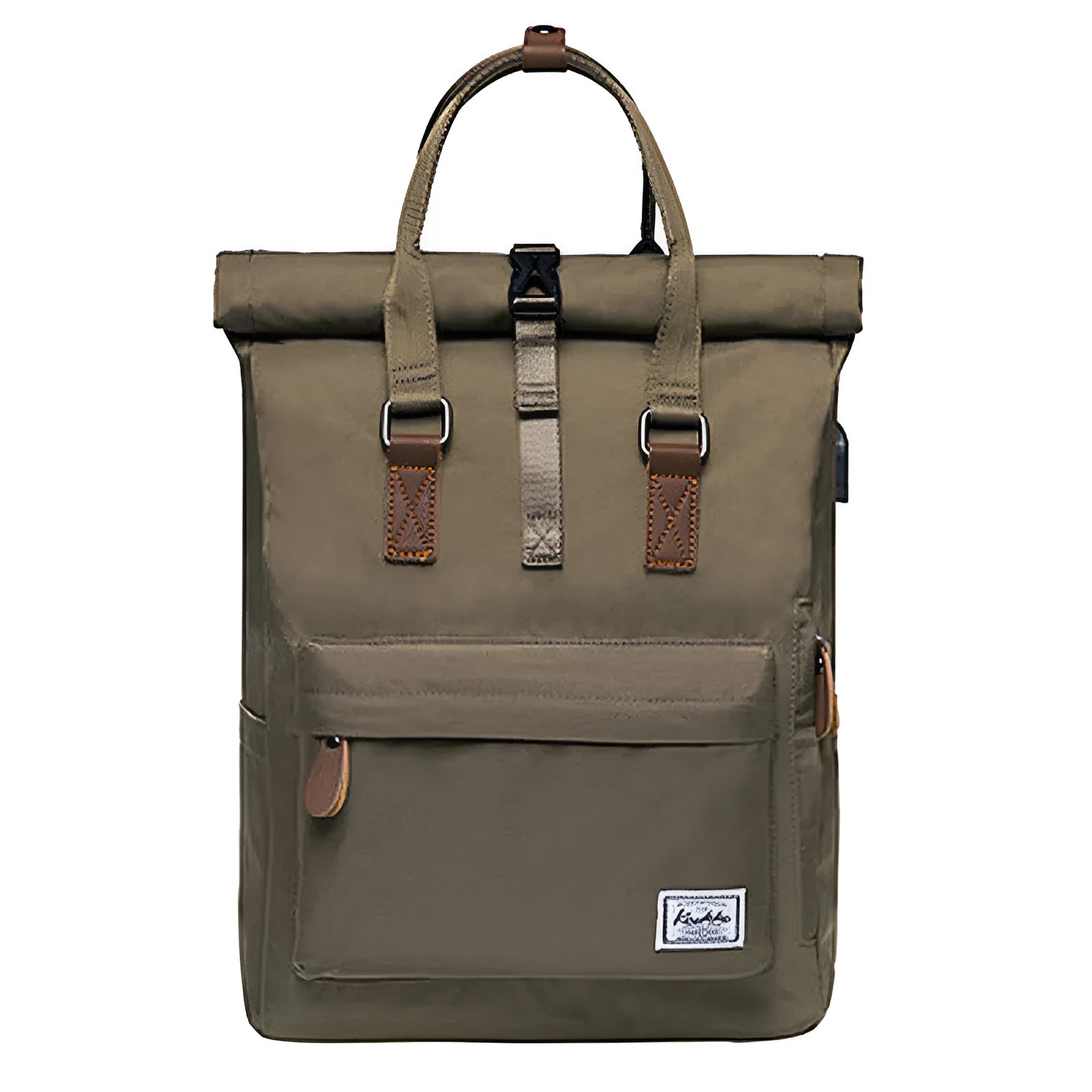 Casual polyester backpack with cover opening showing laptop compartment and zipper pocket
