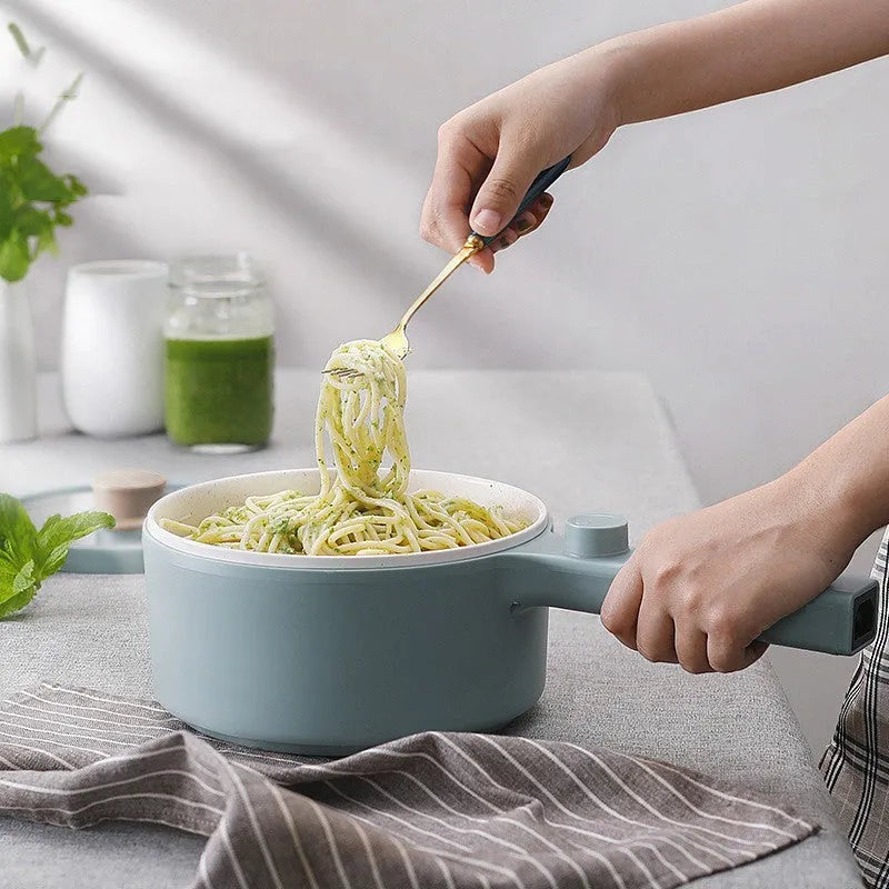 White multi-function electric pot 600W with plastic body and food-grade PP inner pot, compact dormitory cooker
