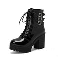 Women's casual short boots with thick heel and waterproof platform in solid colours like black and red