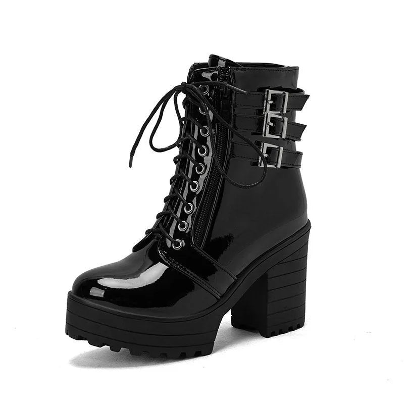 Women's casual short boots with thick heel and waterproof platform in solid colours like black and red
