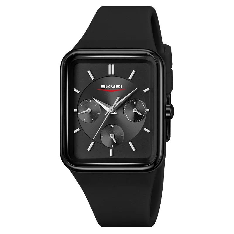 Multi functional square silicone waterproof watch for women, black gold colour, on wrist
