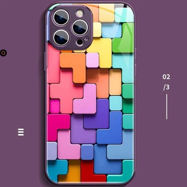 Silicone iPhone case with colourful geometric building block cartoon design on the back.