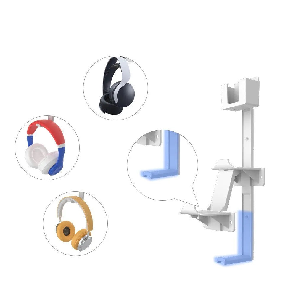White ABS plastic wall hook holding a black game controller and TV remote.