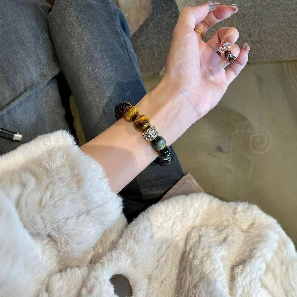 Women's tigereye silver stone double bracelet with gold inlay and U-shaped totem design