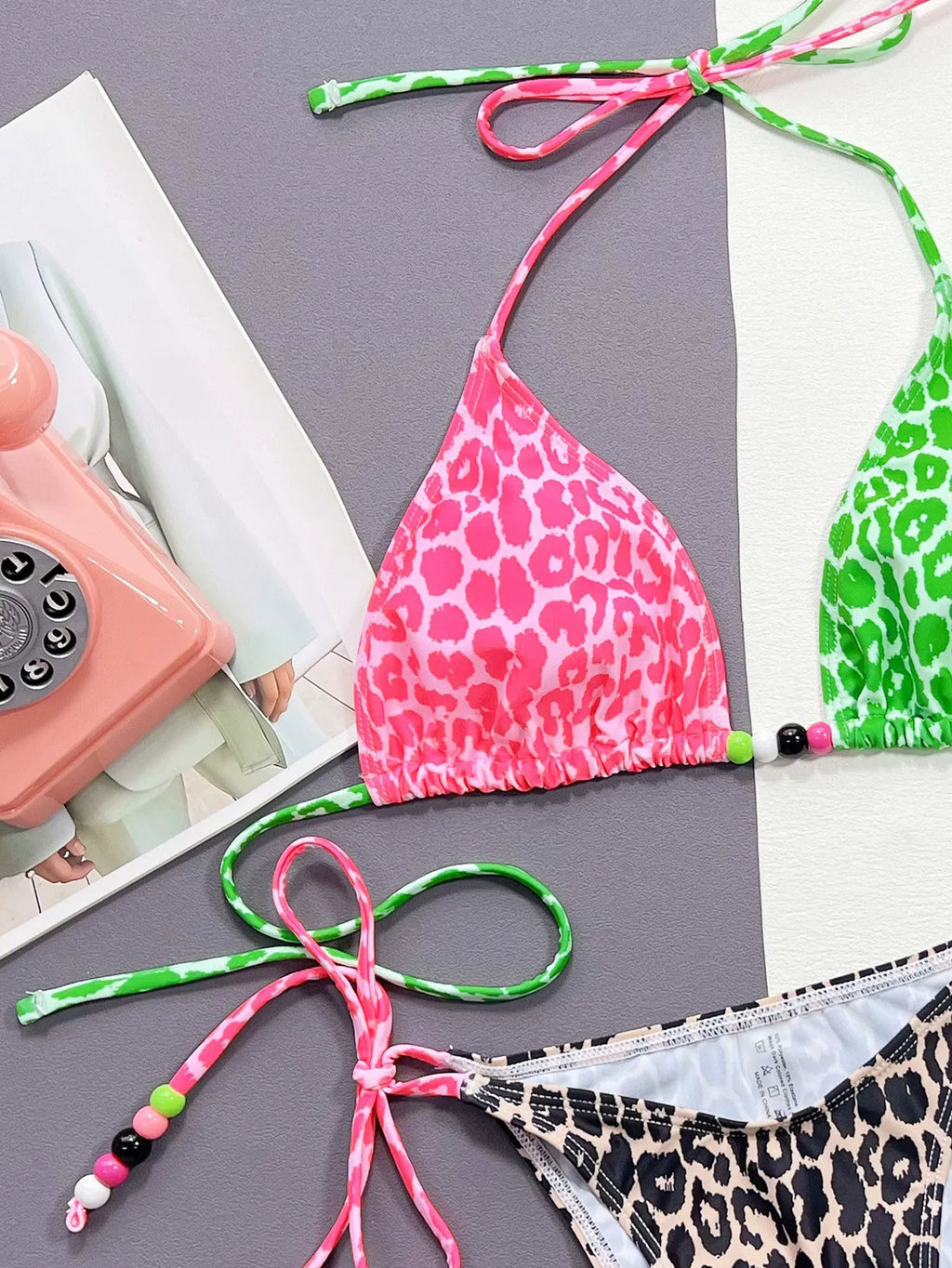 Women's leopard print bikini set with bra and briefs, polyester and spandex, size S M L