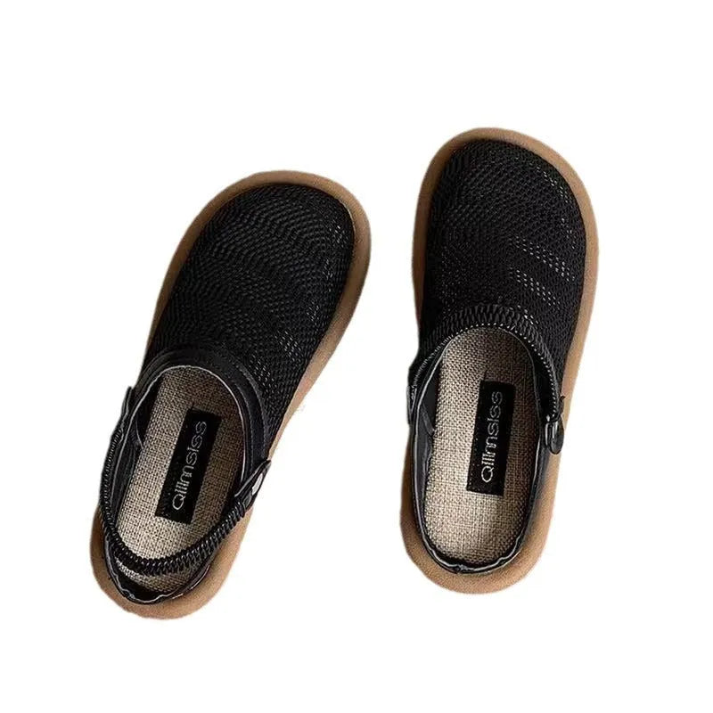 Soft bottom closed toe breathable mesh slip-on hole shoes in khaki with linen upper and rubber sole