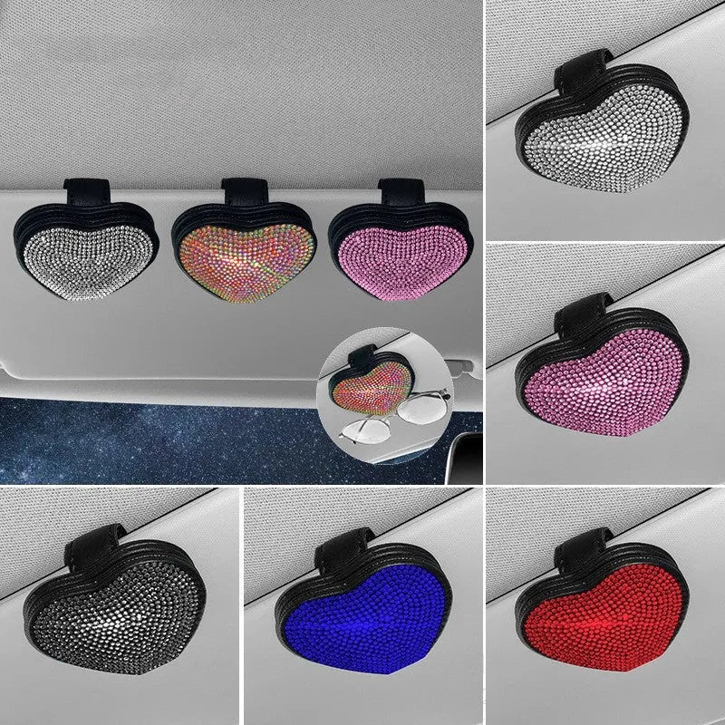 Car sun visor magnetic storage clip with diamond-encrusted PU leather design for organising glasses and tickets