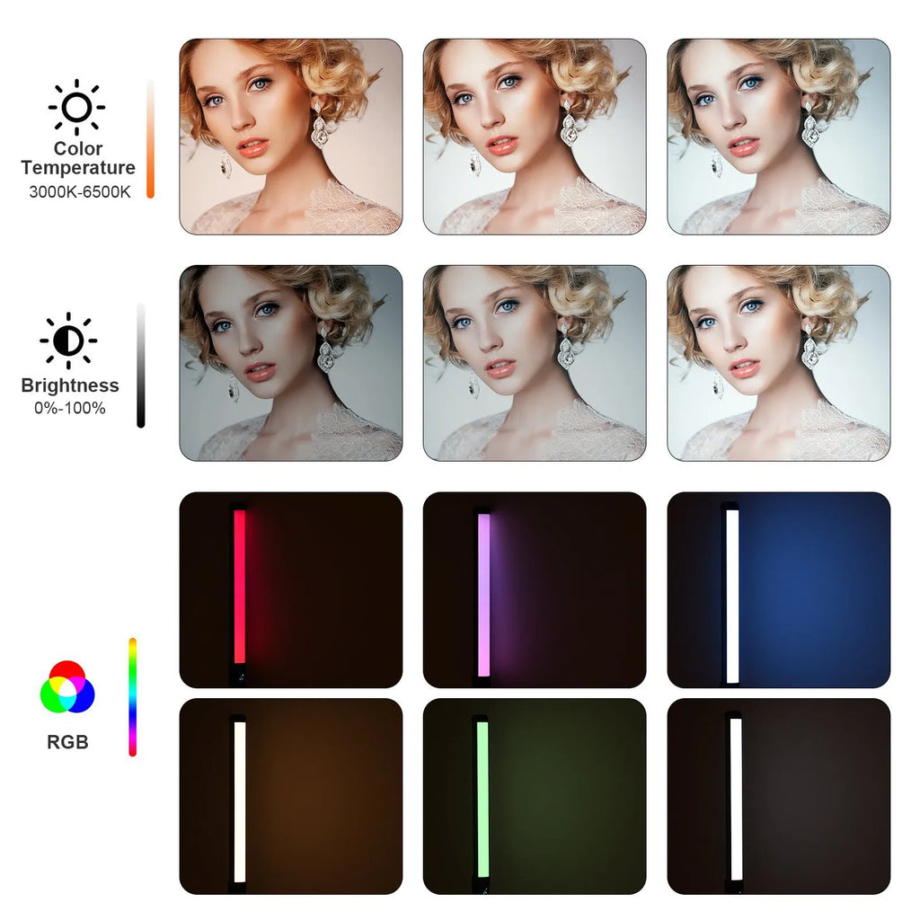 Dual colour temperature handheld LED photography light stick with 114 lamp beads, 200 lm, RGB modes, and 1/4 inch screw mount in use