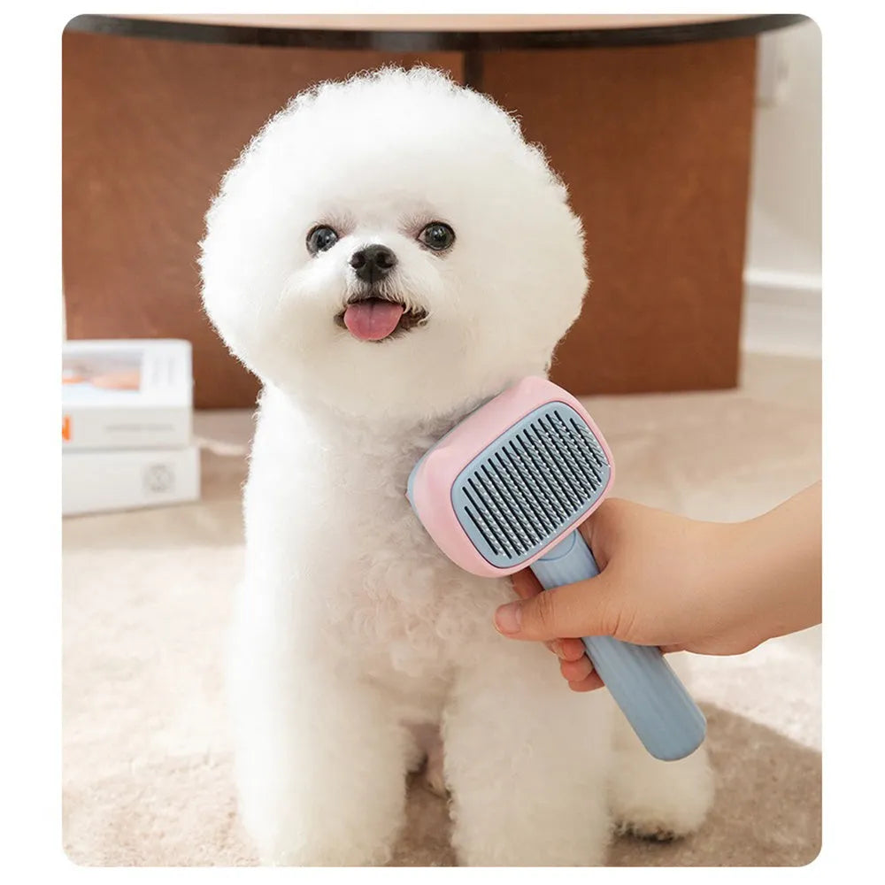 Red double-sided pet grooming brush with deshedding rake and dematting comb, shown with dimensions.