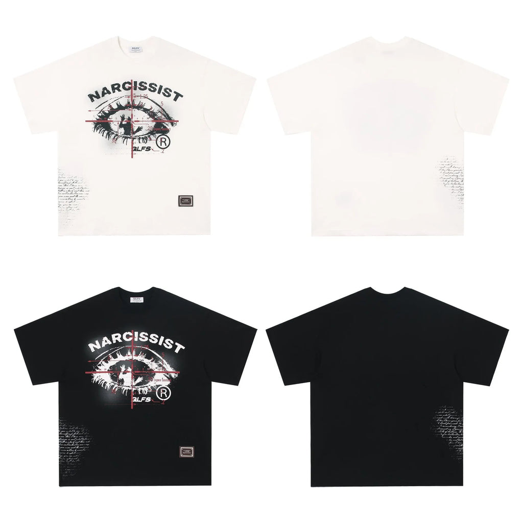 Retro black and white t-shirt with printed letter design on pure cotton fabric.