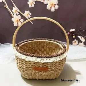 Hand-woven straw basket with hemp rope detailing in rustic coffee brown colour