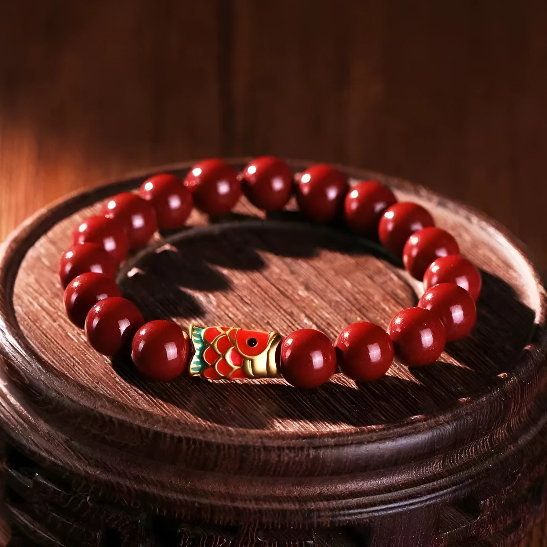 Natural raw ore cinnabar koi bracelet with golden ball model, 4mm beads, national style