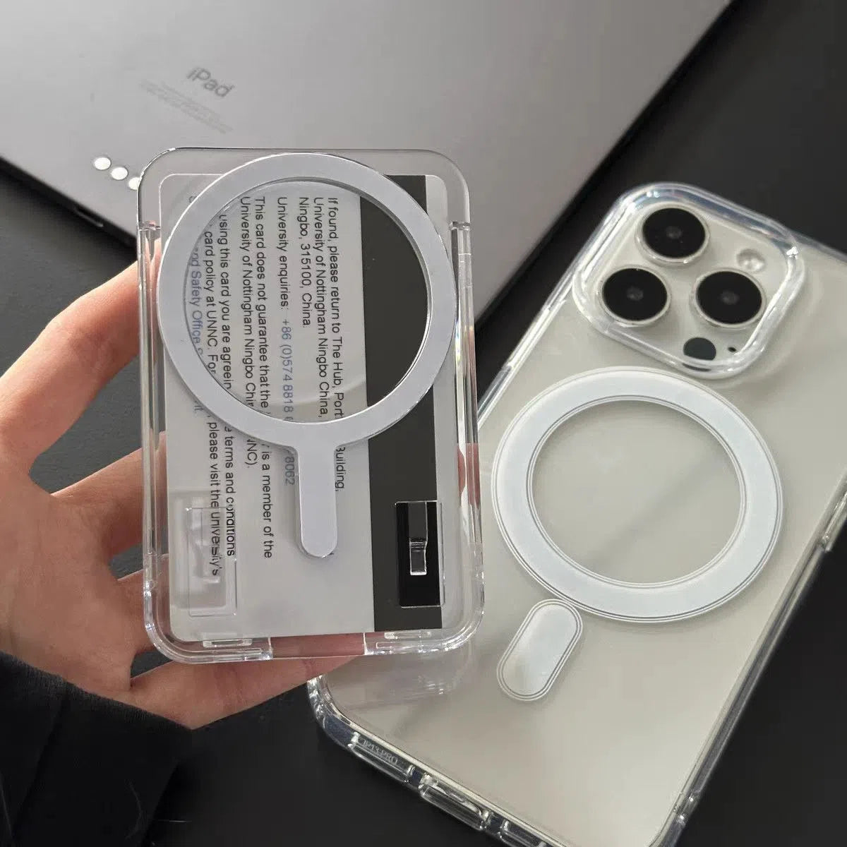 Transparent acrylic full-coverage protective phone case with wallet card holder for iPhone, white colour option