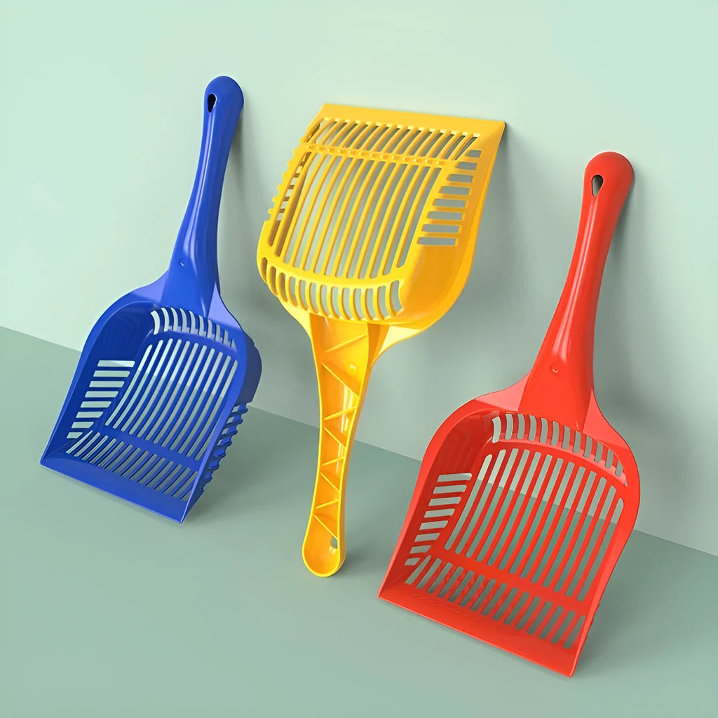 PP plastic cat litter scoop in red, yellow or blue colour options showing small and medium size specifications