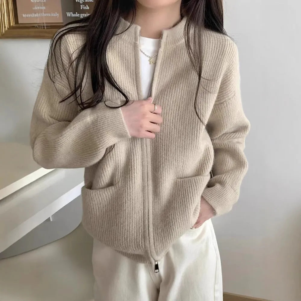 Soft wind glutinous sweater coat cardigan in viscose fibre available in beige, grey, black and khaki colours