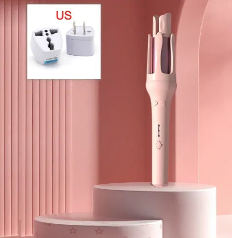 32mm automatic hair curler in pink or purple with UK voltage rating and plug adapters