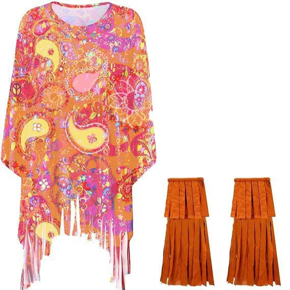Colourful tie dye cloak costume with bell sleeves on a hanger, showing pink, yellow, and rainbow print details.