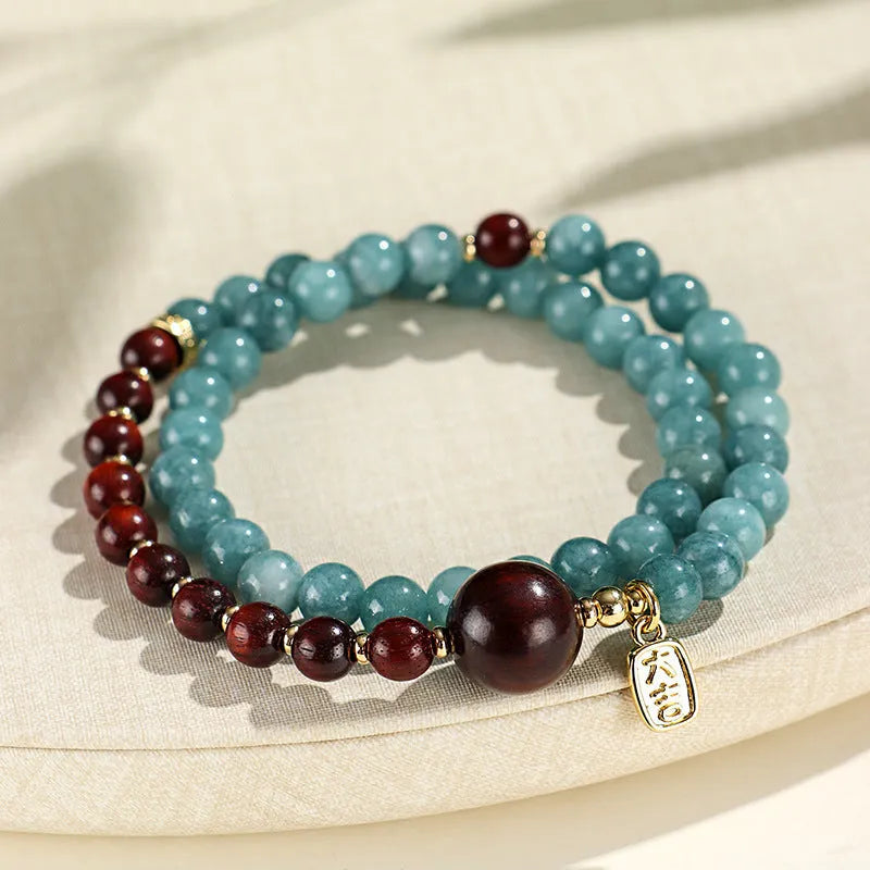 Blue gold sandalwood beaded bracelet for women with fu character charm electroplated finish
