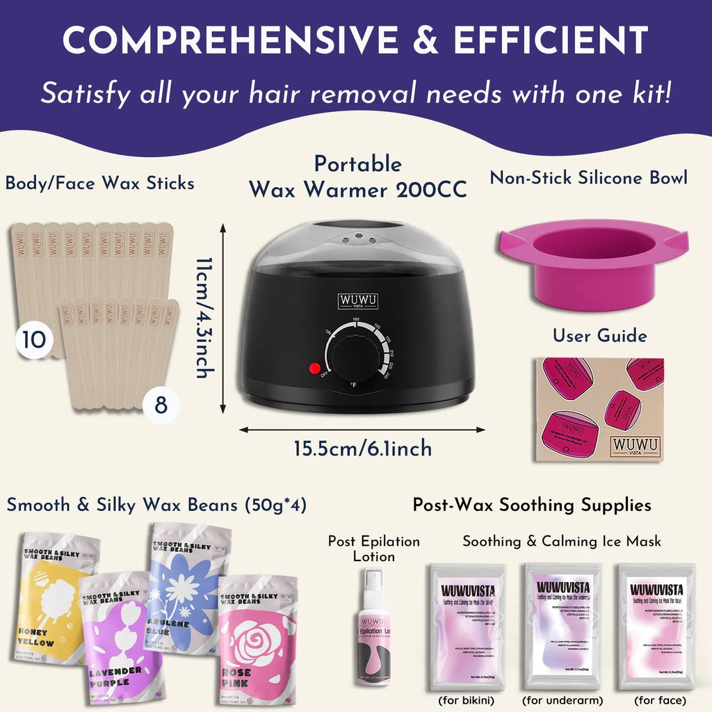 29-piece hard wax hair removal kit with black wax warmer, wax beads, sticks, and aftercare products