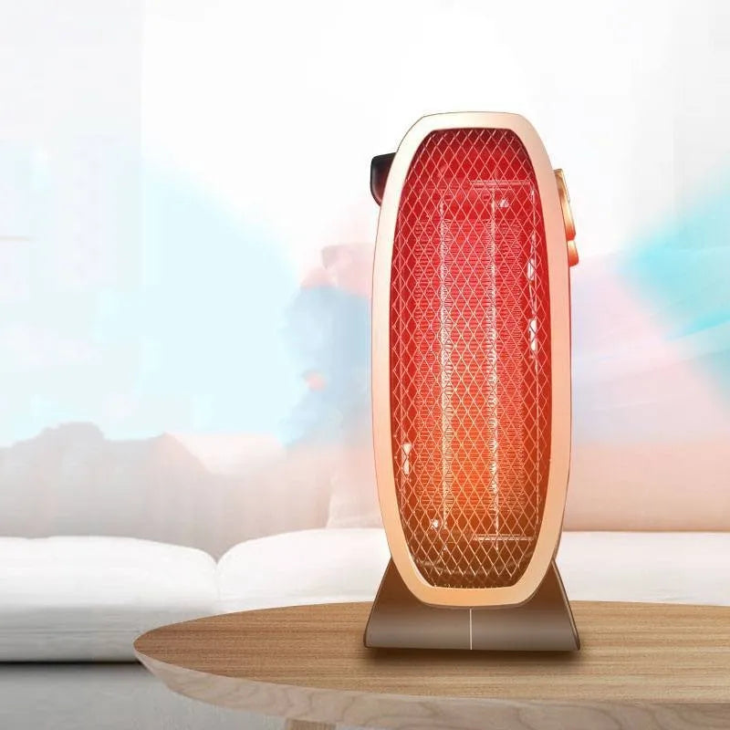 Small white electric heater fan with mechanical controls on a wooden floor