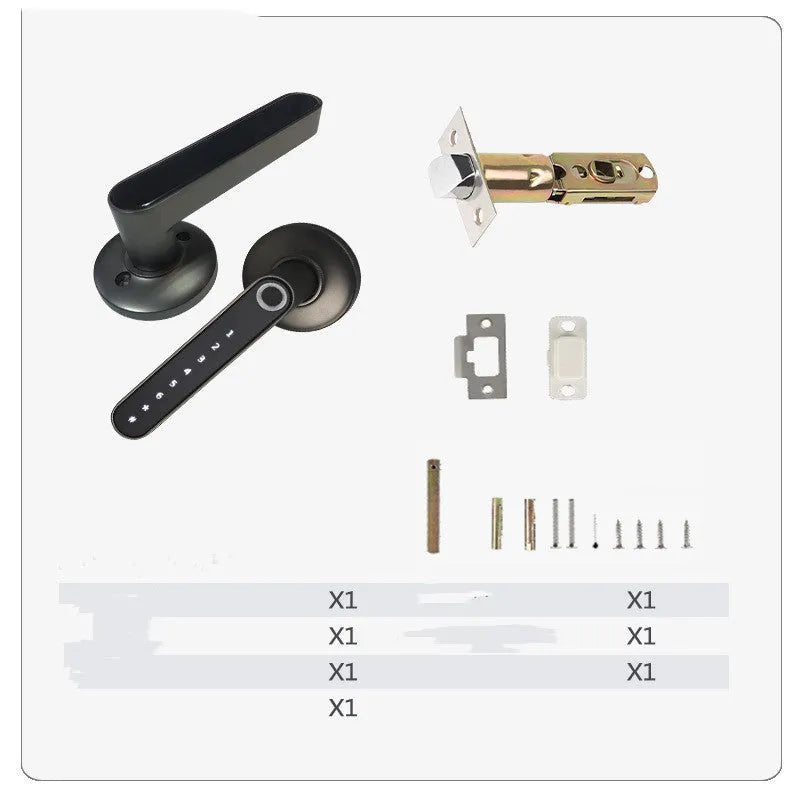 Black alloy smart lock with fingerprint sensor and keypad on a door handle for keyless home security
