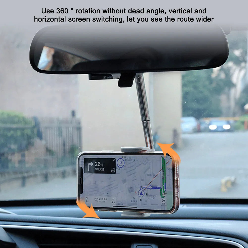 ABS and metal car rearview mirror phone holder with 360 rotation and snap buckle, holding a smartphone in place