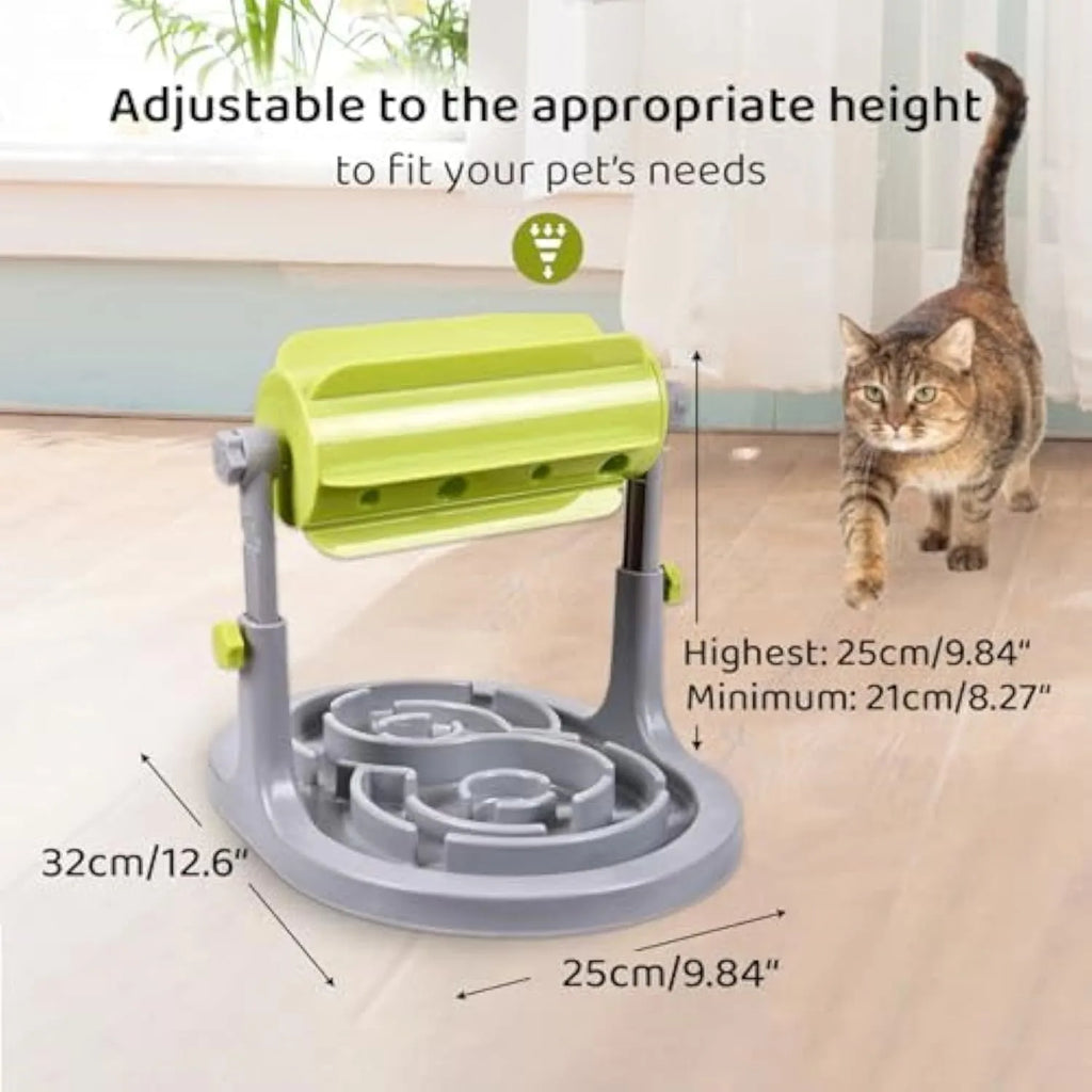 Adjustable height interactive slow feeder bowl puzzle toy for dogs and cats in blue green or pink