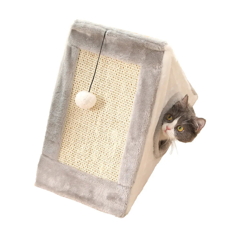 Triangular faux fur cat scratching post and bed platform in grey and white colours.