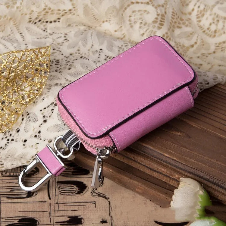 Genuine leather car key case in white, square vertical design, 8.3x5x2cm, plain weave texture