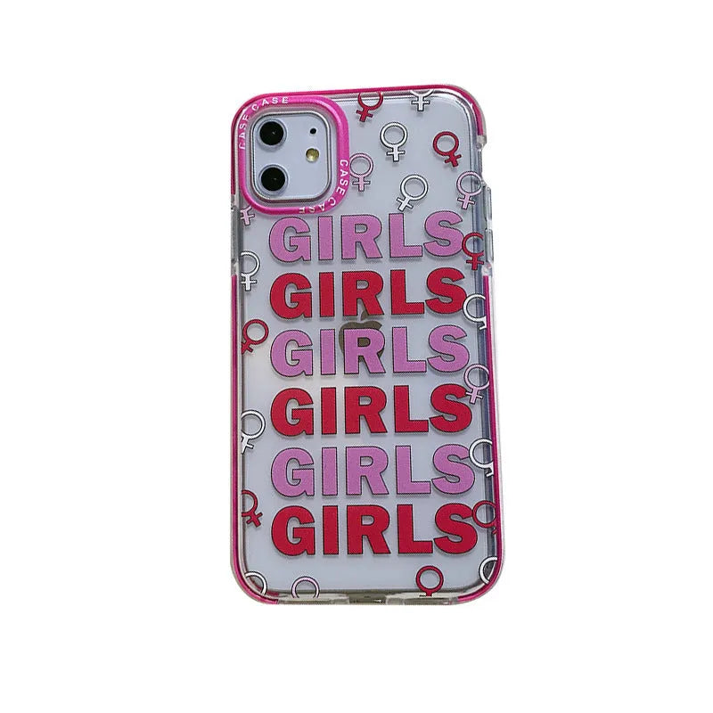 Girl all-inclusive soft TPU transparent case for iPhone with black circle GIRLS pink letter print