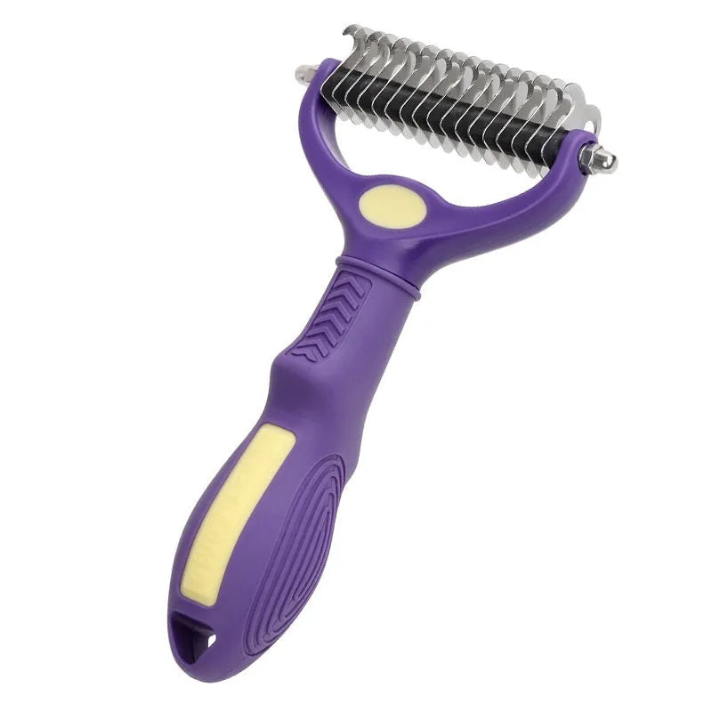 Purple double-sided plastic pet comb for dog and cat grooming with knot removal teeth